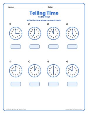 Telling Time To The Hour Worksheet with eight analog clocks to read and write the time