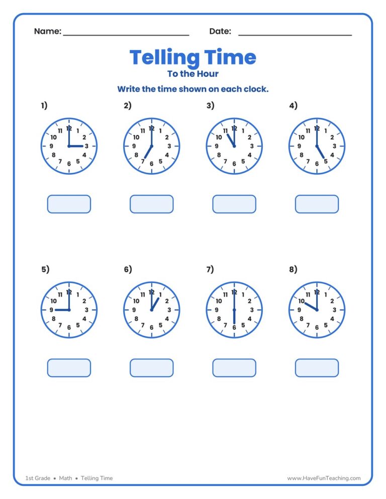 Telling Time To The Hour Worksheet