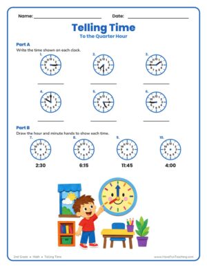 Telling Time to the Quarter Hour Worksheet with analog clocks