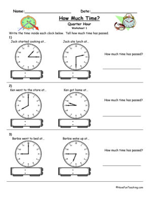 How Much Time Passed To The Quarter Hour Worksheet