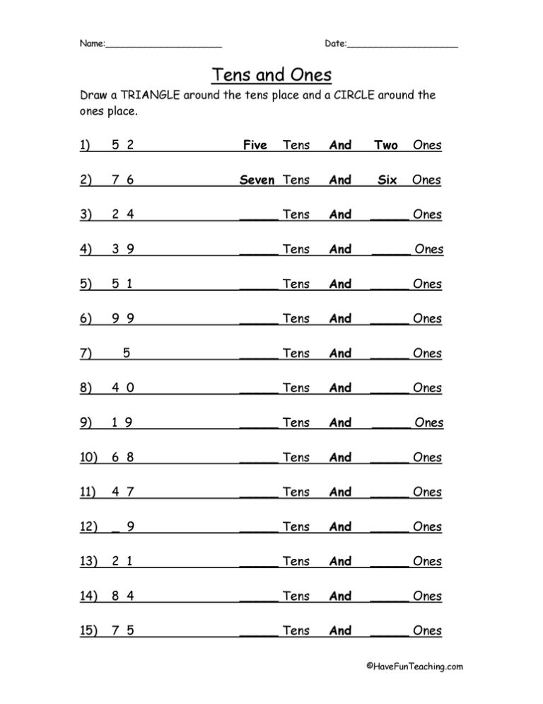 Place Value Tens Ones Worksheet