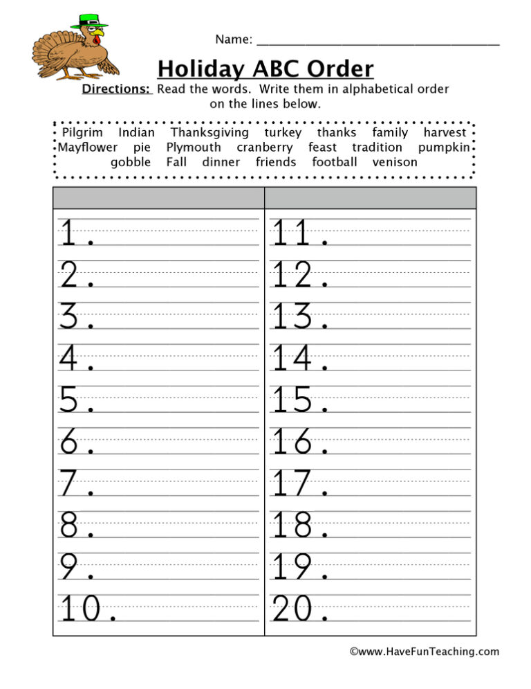 Thanksgiving Alphabetical Order Worksheet