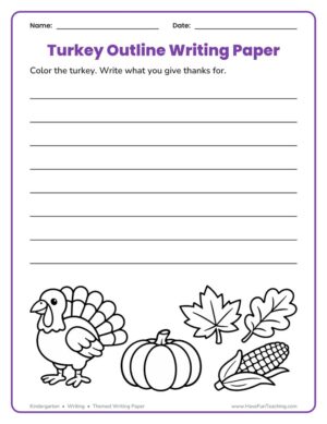 Kindergarten Thanksgiving turkey outline writing paper with tall writing lines