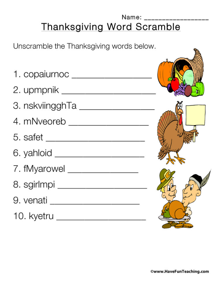 Thanksgiving Word Scramble Worksheet