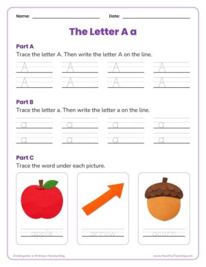 Kindergarten letter A tracing worksheet with three-line guides for capital and lowercase a