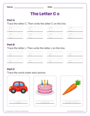 Kindergarten letter C tracing worksheet with capital C, lowercase c and three picture words