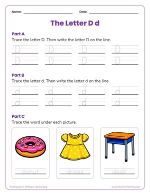 Kindergarten letter D tracing worksheet with three-line guides for capital and lowercase d