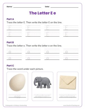 Kindergarten letter E tracing worksheet with three-line guides for capital and lowercase e