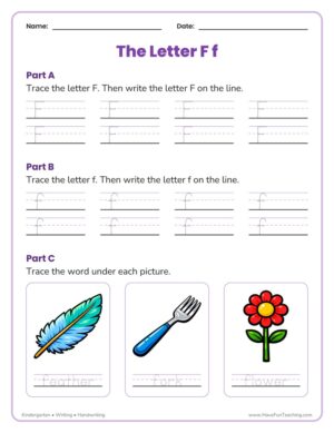 Kindergarten letter F tracing worksheet
