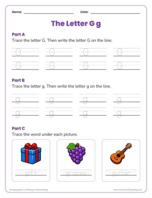 Kindergarten letter G tracing worksheet with three-line guides for capital and lowercase g