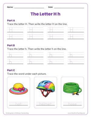 Kindergarten letter H tracing worksheet