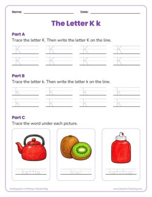 Kindergarten letter K tracing worksheet with capital K, lowercase k and kettle, kiwi and ketchup picture words