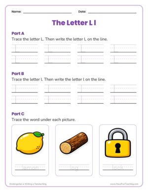 Kindergarten letter L tracing worksheet with three-line guides for capital and lowercase l