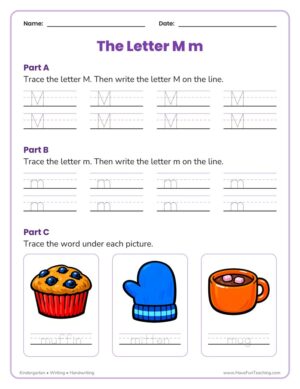 Kindergarten letter M tracing worksheet with three-line guides for capital and lowercase m