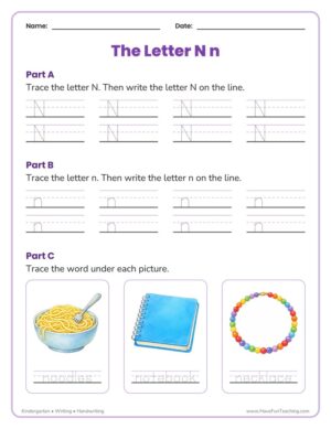 Kindergarten letter N tracing worksheet with capital N, lowercase n and three picture words