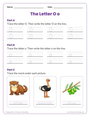 Kindergarten letter O tracing worksheet with capital O, lowercase o and three picture words