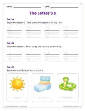 Kindergarten letter S tracing worksheet with three-line guides for capital and lowercase s