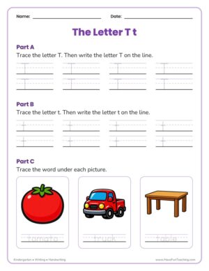 Kindergarten letter T tracing worksheet