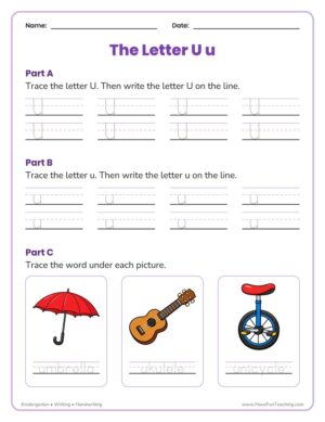 Kindergarten letter U tracing worksheet with capital U, lowercase u and three picture words