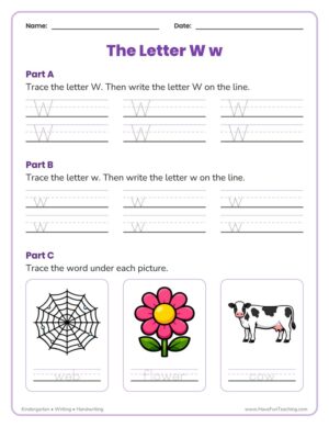 Kindergarten letter W tracing worksheet with three-line guides for capital and lowercase w