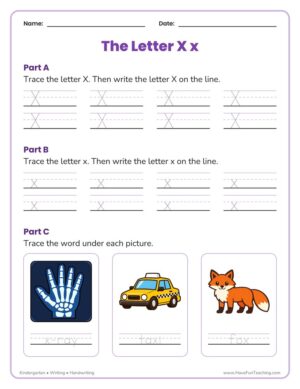 Kindergarten letter X tracing worksheet with three-line guides for capital and lowercase x