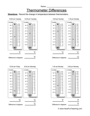 Thermometer Differences Worksheet