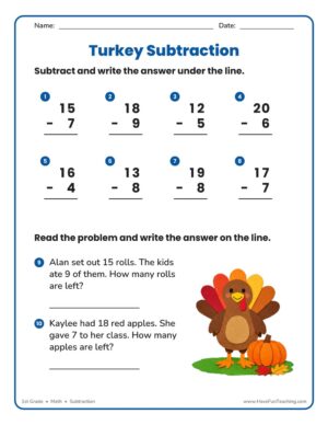 1st Grade Thanksgiving turkey subtraction worksheet with problems within 20