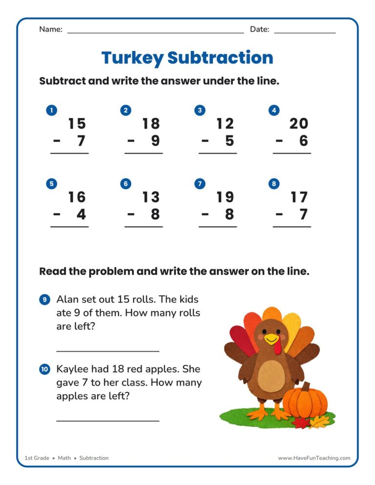 Thanksgiving Turkey Subtraction Worksheet