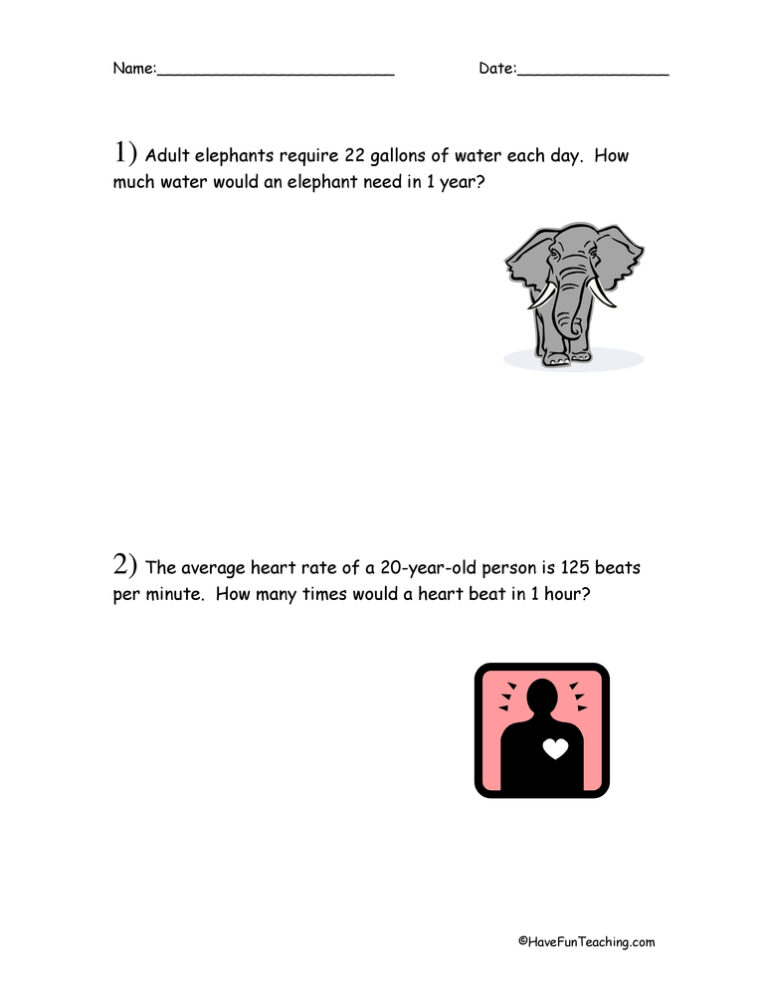 2 and 3 Digit Word Problems Multiplication Worksheet