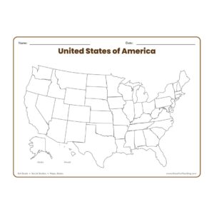 United States Blank Map Worksheet showing a landscape outline map of the USA with all fifty states left blank, including Alaska and Hawaii insets