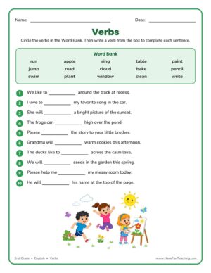 2nd grade verbs fill in the blanks worksheet