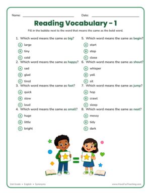 Second grade synonyms worksheet with multiple choice vocabulary questions.