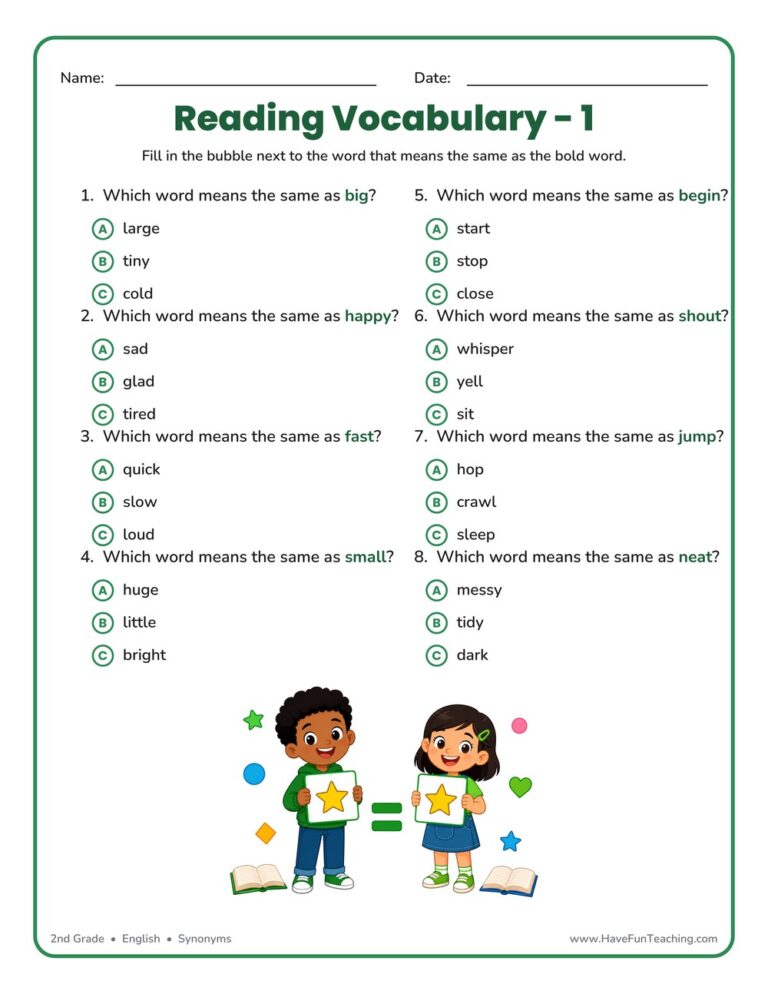 Second Grade Vocabulary Test Practice Worksheet