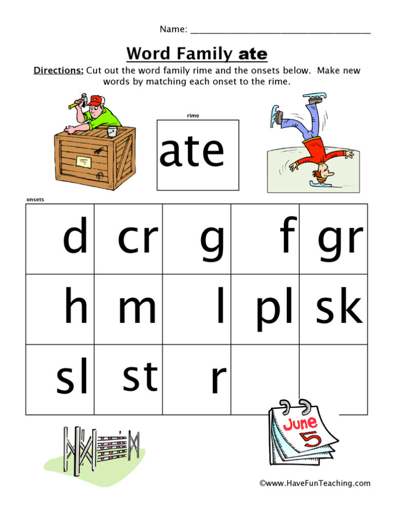 ATE Word Family Worksheet