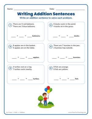 1st grade writing addition sentences worksheet