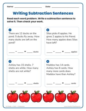 1st Grade writing subtraction sentences worksheet with four word problems