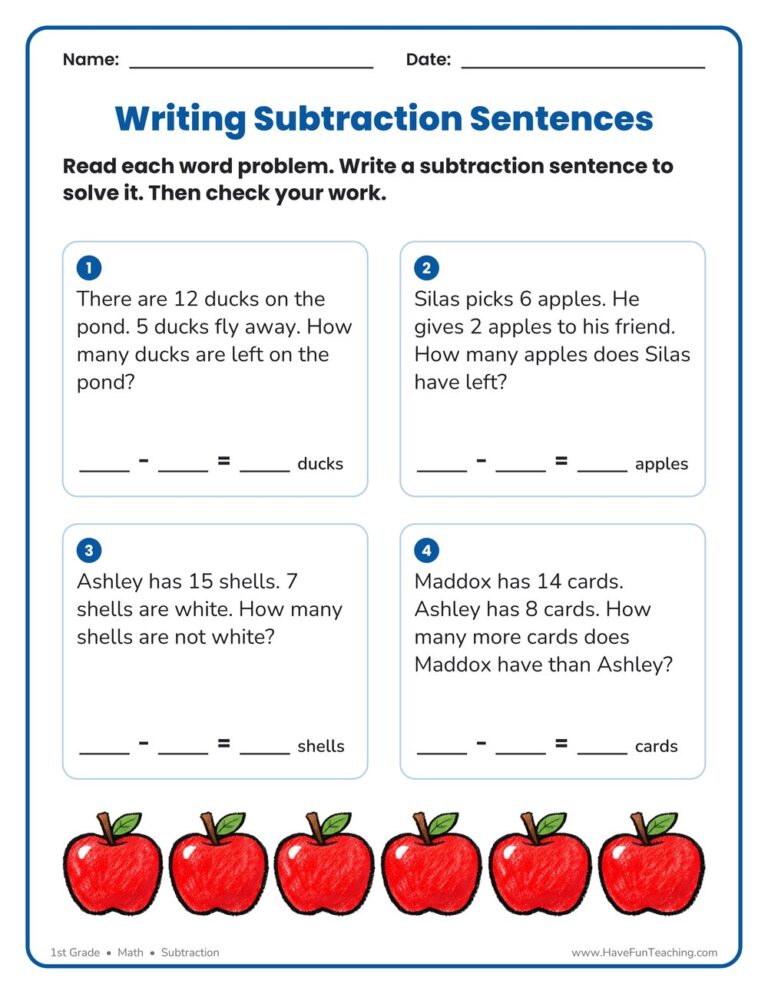 Writing Subtraction Sentences Worksheets