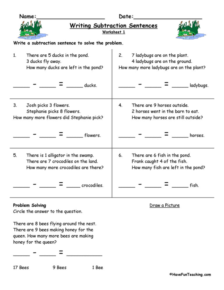 Writing Subtraction Sentences Worksheets