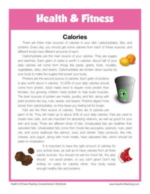 Calories Health and Fitness Reading Comprehension Worksheet