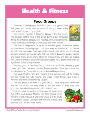 Food Groups Health and Fitness Reading Comprehension Worksheet