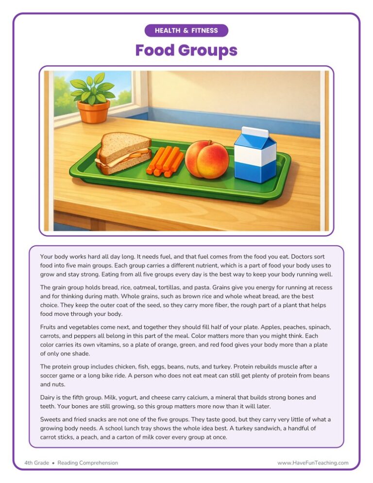 Food Groups Health and Fitness Reading Comprehension Worksheet
