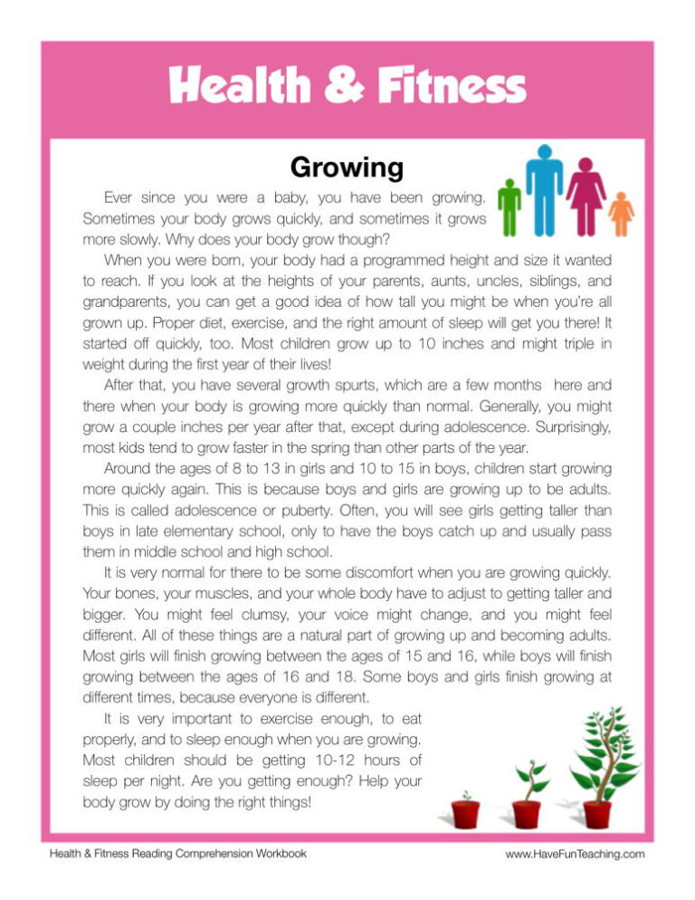 Growing Health and Fitness Reading Comprehension Worksheet