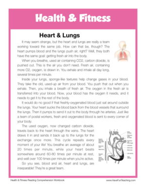 Heart and Lungs Health and Fitness Reading Comprehension Worksheet