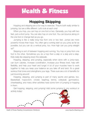 Hopping Skipping Health and Fitness Reading Comprehension Worksheet