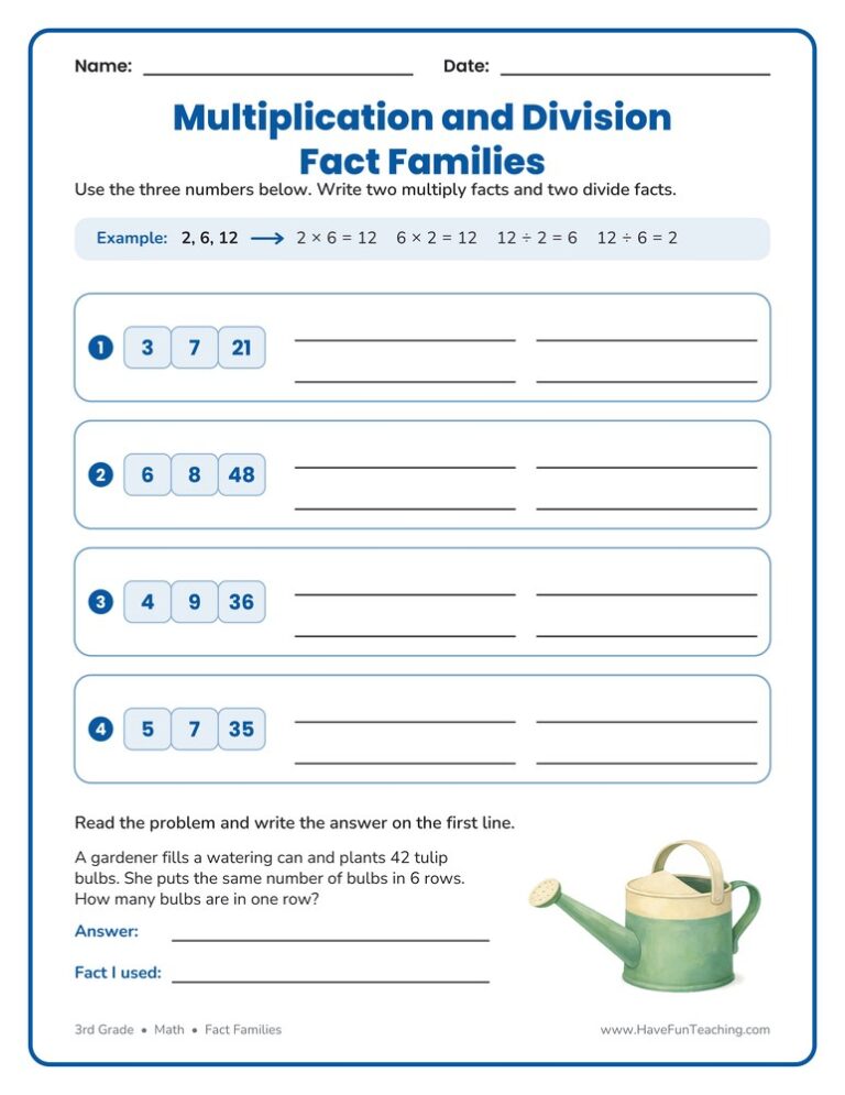 Multiplication Division Fact Families Worksheet