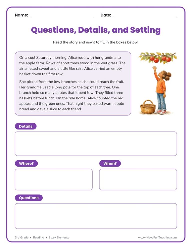 Questions Details and Setting Graphic Organizer Worksheet