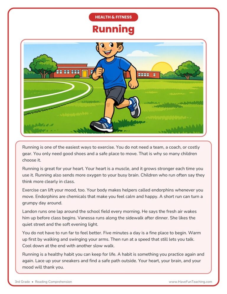 Running Health and Fitness Reading Comprehension Worksheet