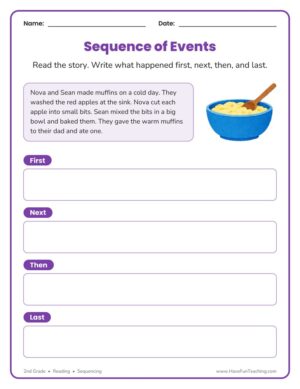 2nd Grade sequence of events graphic organizer worksheet with a short story and four labeled boxes
