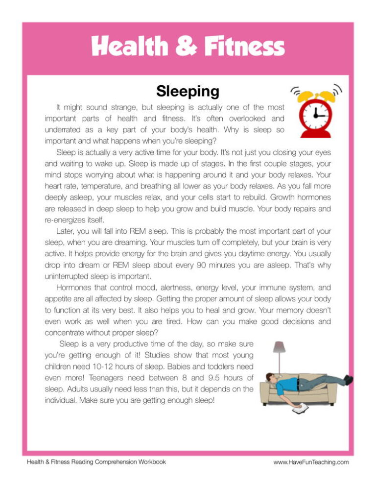 Sleeping Health and Fitness Reading Comprehension Worksheet