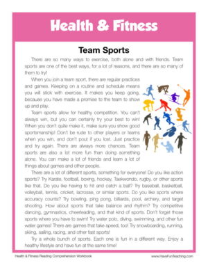 Team Sports Health and Fitness Reading Comprehension Worksheet